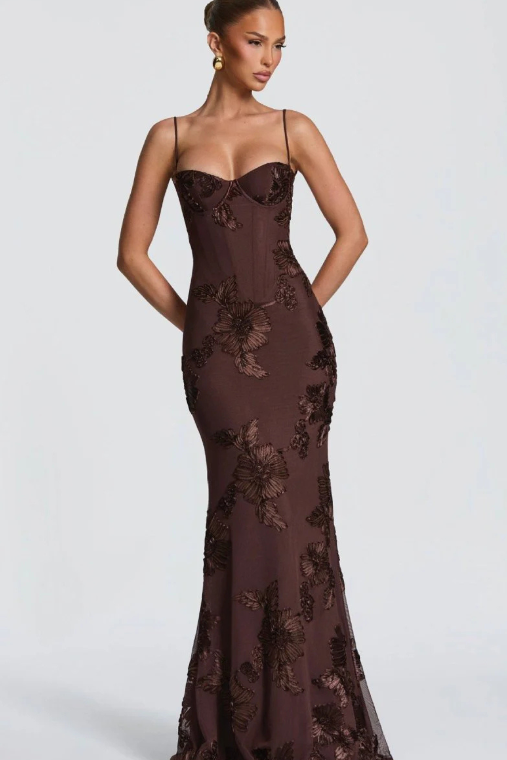 Women's Floral Embroidered Corset Maxi Dress with Cami Straps – Wedding Guest & Formal Dress