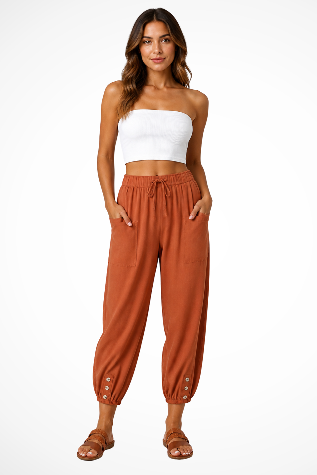 Women's Linen Cropped Pants with Drawstring Waist & Button Hem – Summer Pants for Holidays