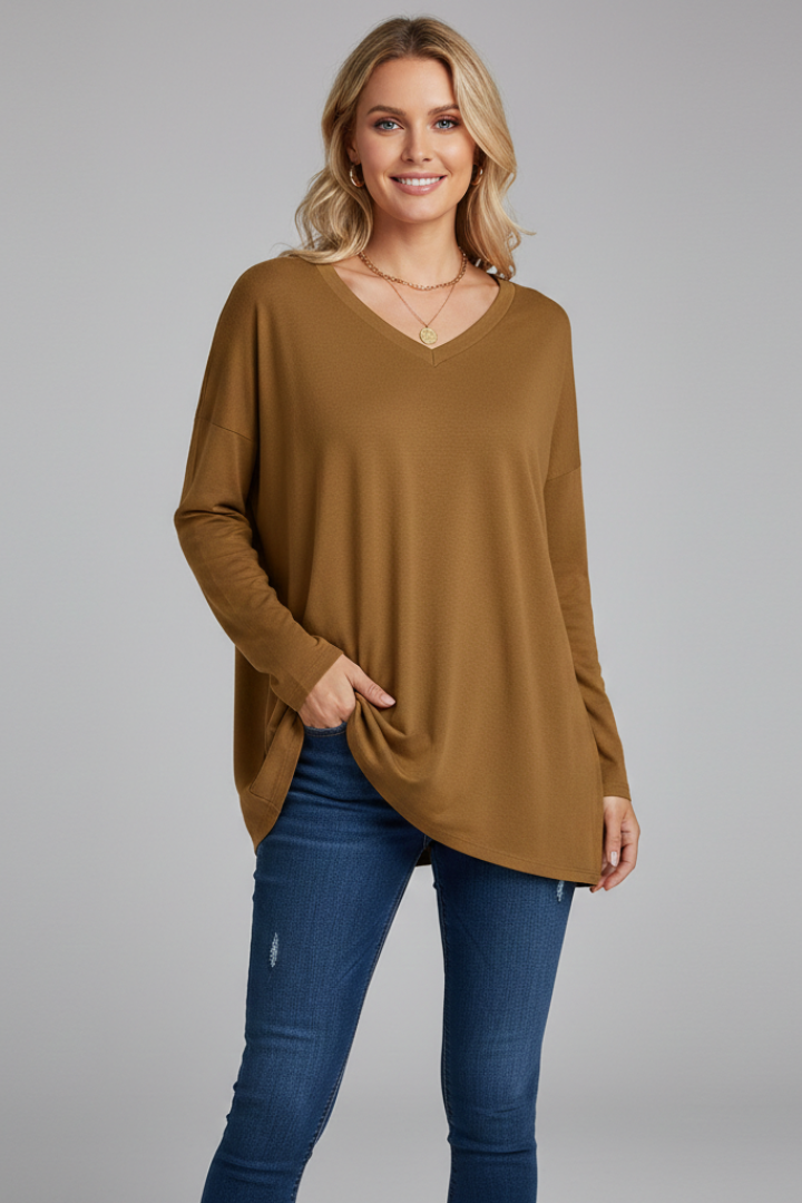 Women's V Neck Long Sleeve Top – Loose Fit Pull-On Everyday Top for Work & Weekend