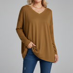 Women's V Neck Long Sleeve Top – Loose Fit Pull-On Everyday Top for Work & Weekend