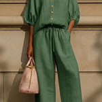 Women's Linen Co-Ord Set with Peter Pan Collar Blouse & Wide Leg Pants – Two-Piece Outfit