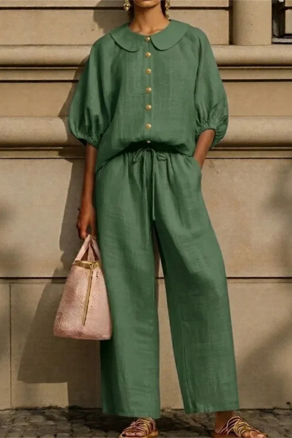 Women's Linen Co-Ord Set with Peter Pan Collar Blouse & Wide Leg Pants – Two-Piece Outfit