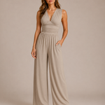 Women's Deep V-Neck Wide-Leg Jumpsuit – Fitted Waist Elegant Jumpsuit for Dinners & Parties