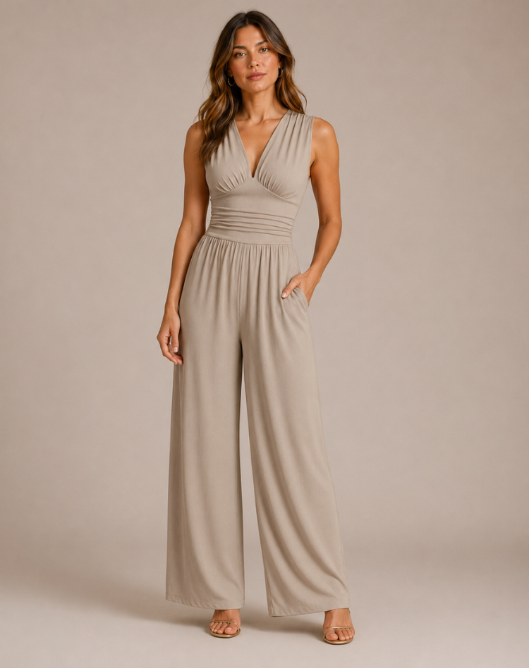Women's Deep V-Neck Wide-Leg Jumpsuit – Fitted Waist Elegant Jumpsuit for Dinners & Parties