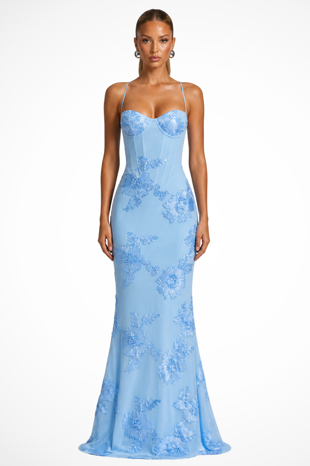 Women's Floral Embroidered Corset Maxi Dress with Cami Straps – Wedding Guest & Formal Dress