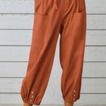 Women's Linen Cropped Pants with Drawstring Waist & Button Hem – Summer Pants for Holidays
