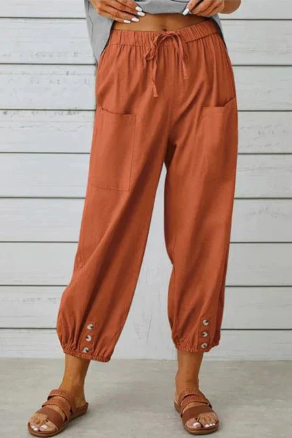 Women's Linen Cropped Pants with Drawstring Waist & Button Hem – Summer Pants for Holidays
