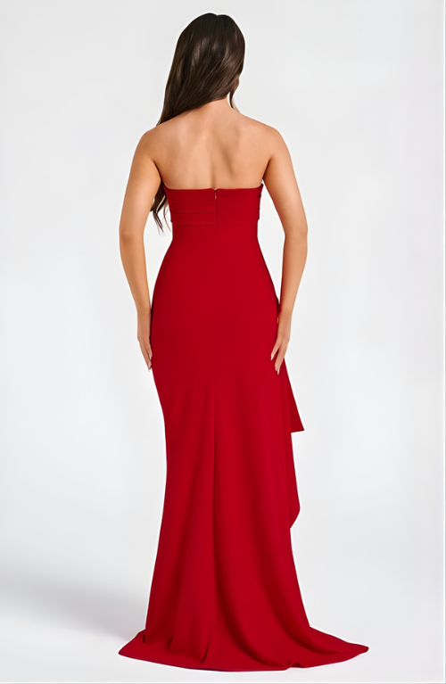 Women's Strapless Twisted Bodice Maxi Dress with High Slit – Formal Evening and Wedding Guest Gown