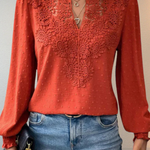 Women's Lace Applique V Neck Blouse with Balloon Sleeves – Dobby Chiffon Occasion Top