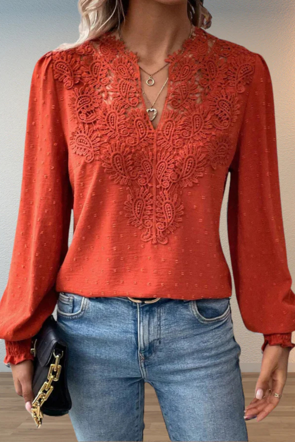 Women's Lace Applique V Neck Blouse with Balloon Sleeves – Dobby Chiffon Occasion Top