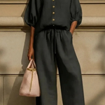 Women's Linen Co-Ord Set with Peter Pan Collar Blouse & Wide Leg Pants – Two-Piece Outfit