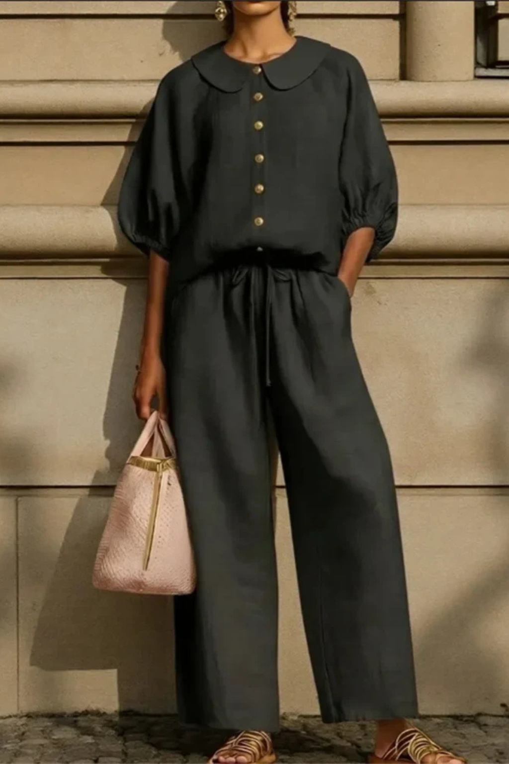 Women's Linen Co-Ord Set with Peter Pan Collar Blouse & Wide Leg Pants – Two-Piece Outfit