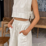 Women's Linen Two-Piece Set with Tie-Side Crop Top & Wide Leg Pants – Sleeveless Summer Co-Ord