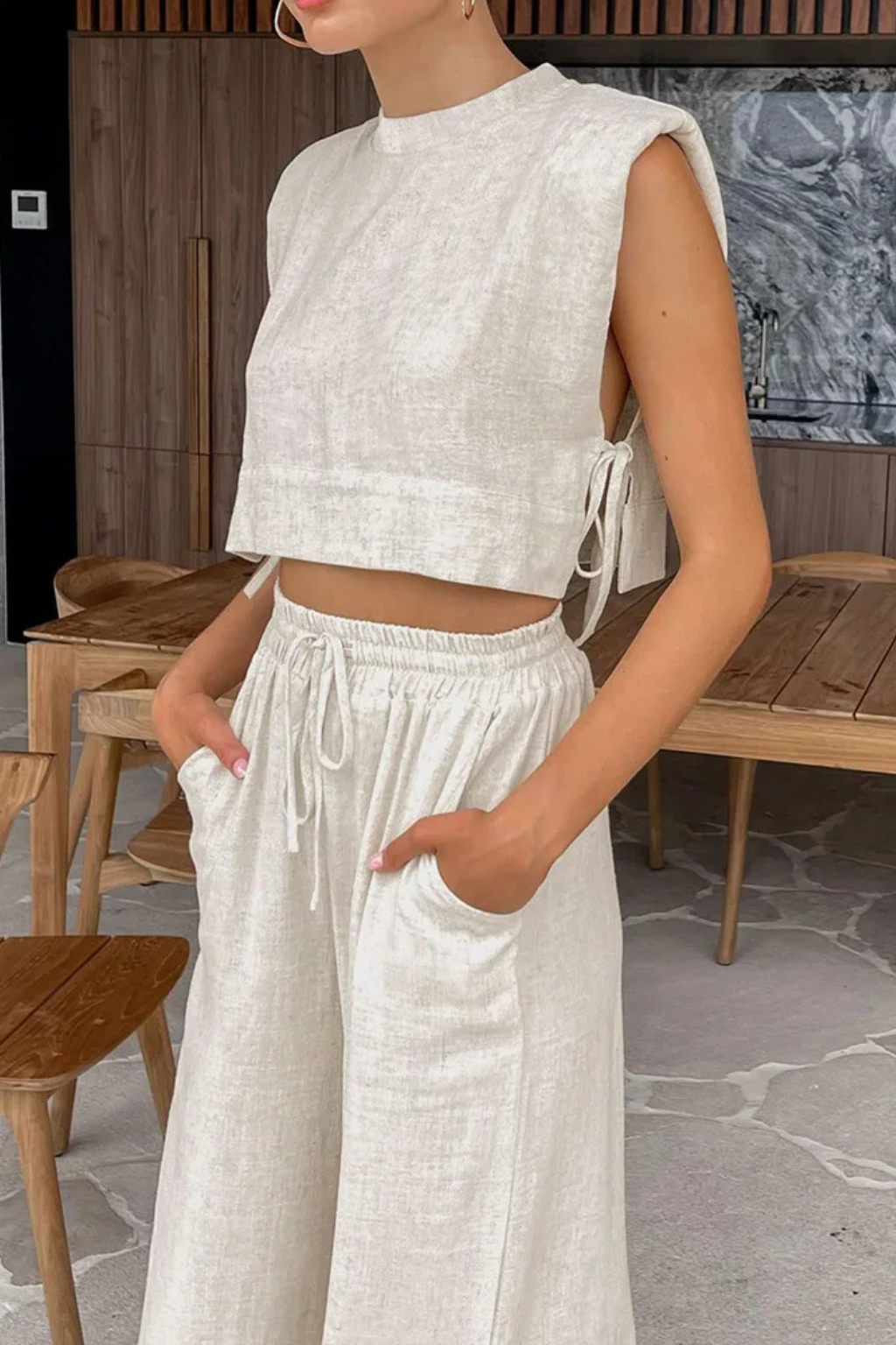 Women's Linen Two-Piece Set with Tie-Side Crop Top & Wide Leg Pants – Sleeveless Summer Co-Ord