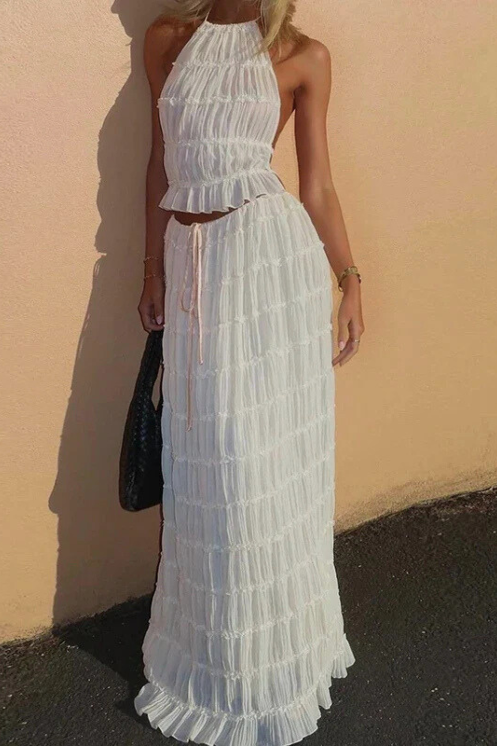 Women's Ruched Halter Crop Top and Maxi Skirt Set – Two-Piece Summer Co-Ord Outfit
