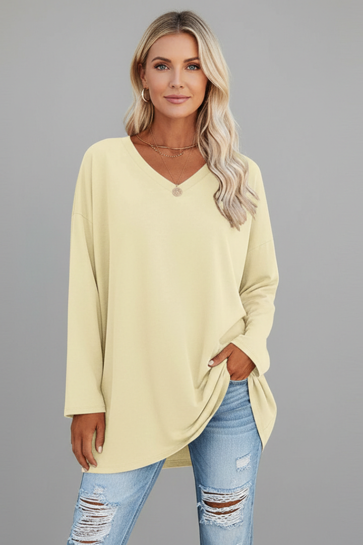 Women's V Neck Long Sleeve Top – Loose Fit Pull-On Everyday Top for Work & Weekend