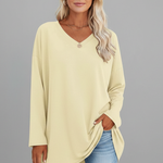 Women's V Neck Long Sleeve Top – Loose Fit Pull-On Everyday Top for Work & Weekend