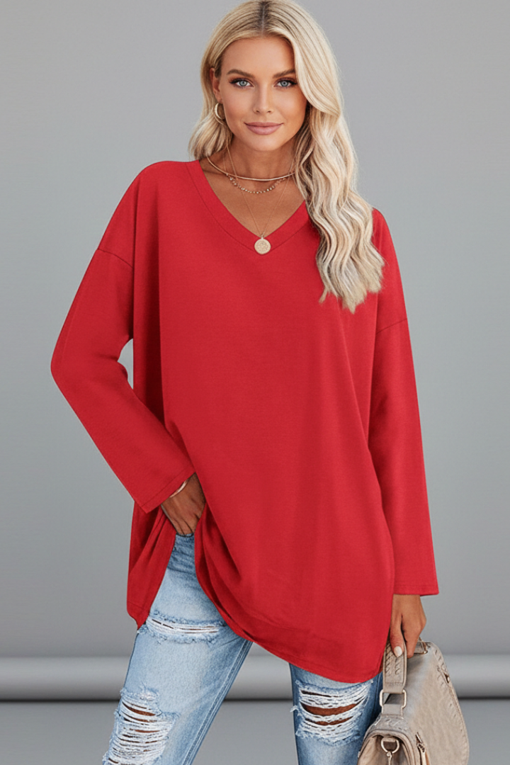 Women's V Neck Long Sleeve Top – Loose Fit Pull-On Everyday Top for Work & Weekend