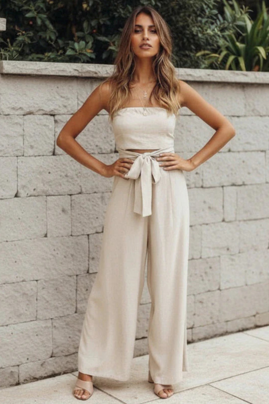 Women's Bandeau Crop Top & Wide Leg Pants Set – Strapless Two-Piece Summer Outfit