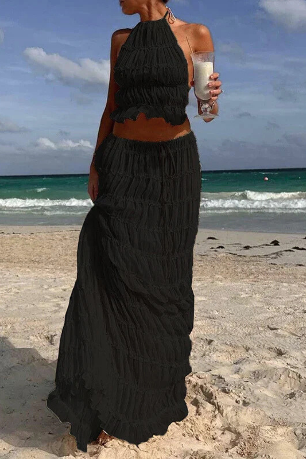 Women's Ruched Halter Crop Top and Maxi Skirt Set – Two-Piece Summer Co-Ord Outfit