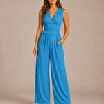 Women's Deep V-Neck Wide-Leg Jumpsuit – Fitted Waist Elegant Jumpsuit for Dinners & Parties