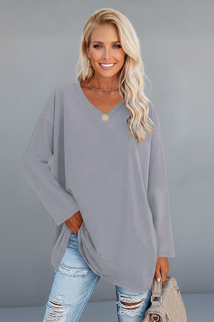 Women's V Neck Long Sleeve Top – Loose Fit Pull-On Everyday Top for Work & Weekend