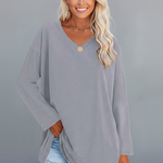 Women's V Neck Long Sleeve Top – Loose Fit Pull-On Everyday Top for Work & Weekend