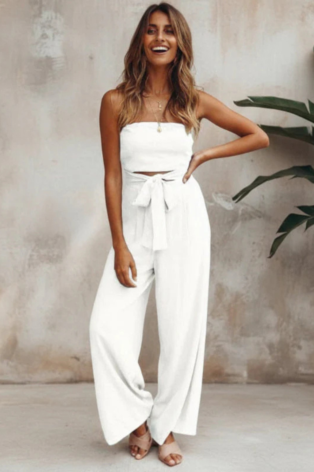 Women's Bandeau Crop Top & Wide Leg Pants Set – Strapless Two-Piece Summer Outfit