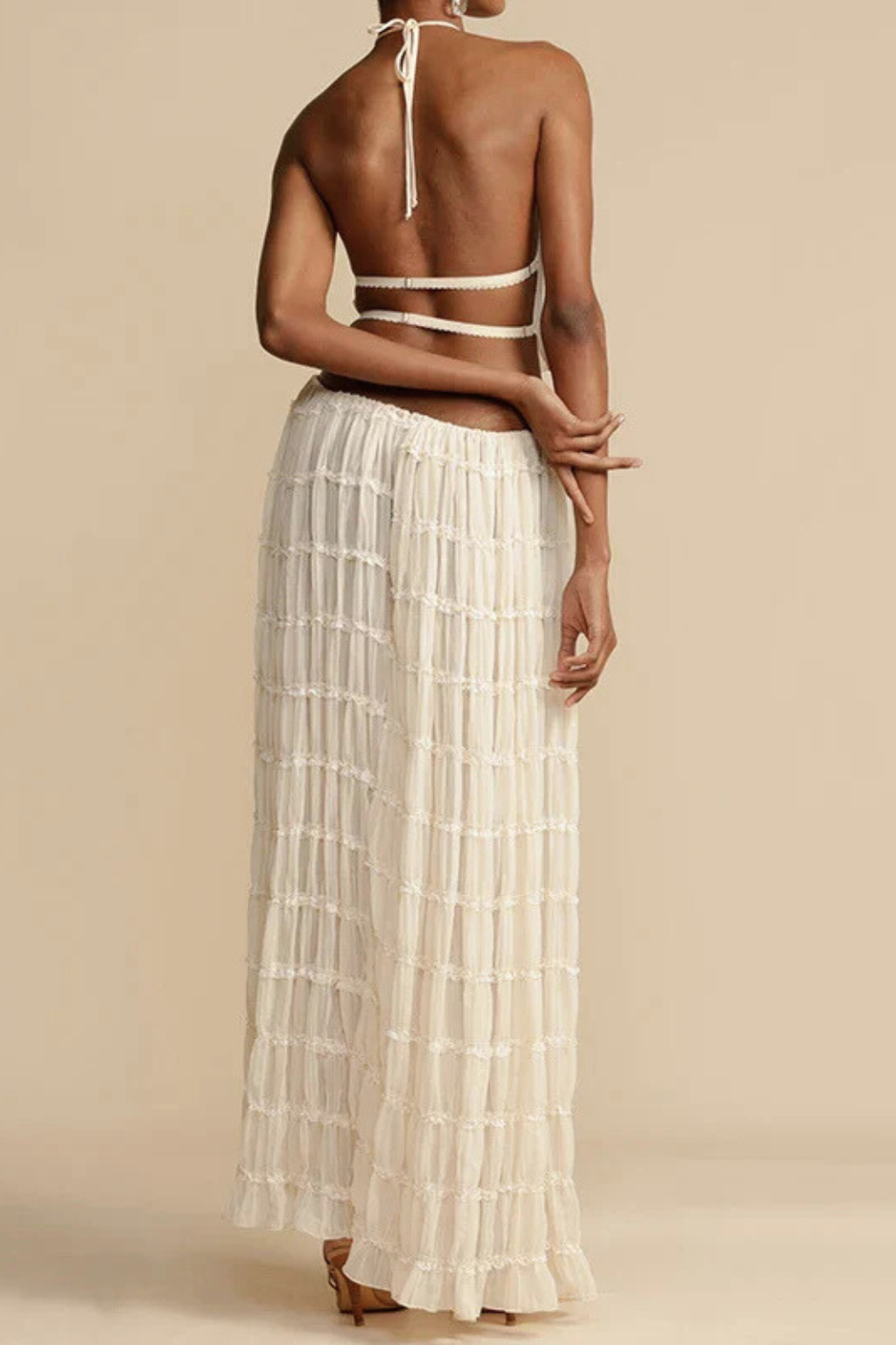 Women's Ruched Halter Crop Top and Maxi Skirt Set – Two-Piece Summer Co-Ord Outfit