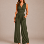 Women's Deep V-Neck Wide-Leg Jumpsuit – Fitted Waist Elegant Jumpsuit for Dinners & Parties