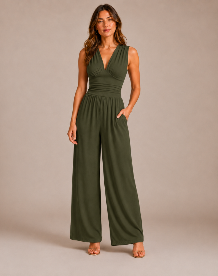 Women's Deep V-Neck Wide-Leg Jumpsuit – Fitted Waist Elegant Jumpsuit for Dinners & Parties