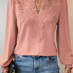 Women's Lace Applique V Neck Blouse with Balloon Sleeves – Dobby Chiffon Occasion Top