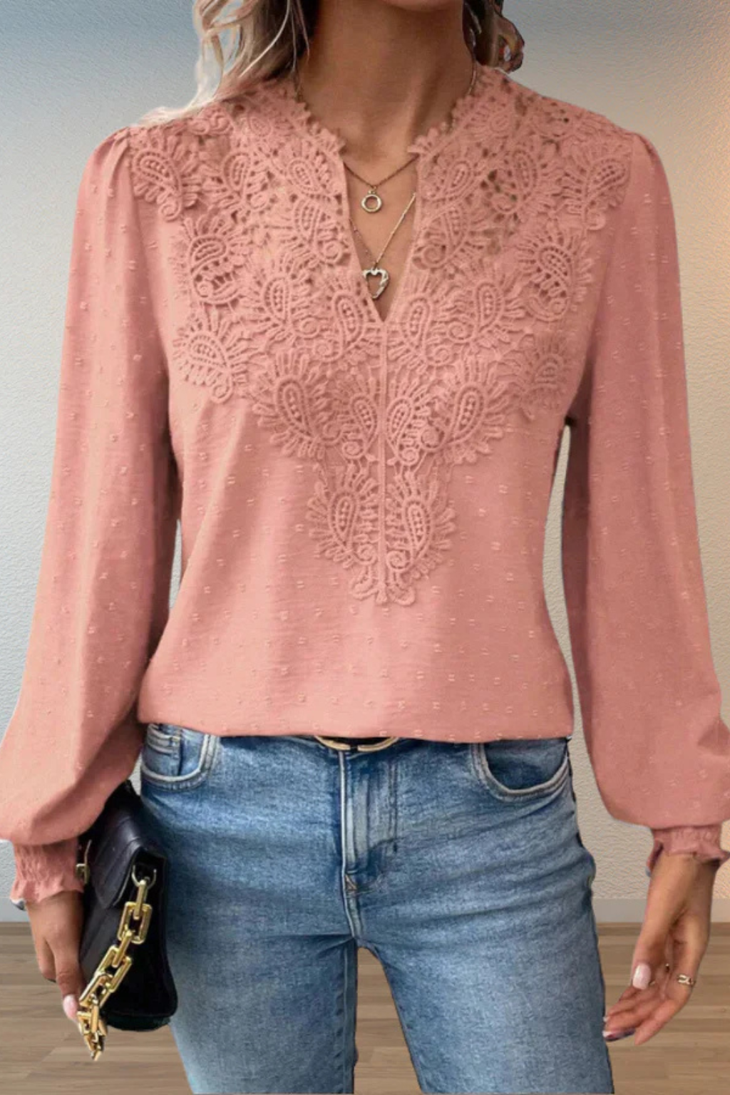 Women's Lace Applique V Neck Blouse with Balloon Sleeves – Dobby Chiffon Occasion Top
