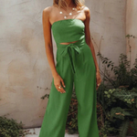 Women's Bandeau Crop Top & Wide Leg Pants Set – Strapless Two-Piece Summer Outfit