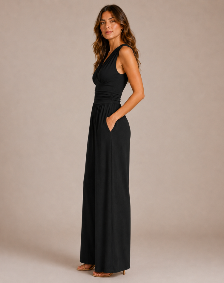 Women's Deep V-Neck Wide-Leg Jumpsuit – Fitted Waist Elegant Jumpsuit for Dinners & Parties