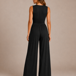 Women's Deep V-Neck Wide-Leg Jumpsuit – Fitted Waist Elegant Jumpsuit for Dinners & Parties