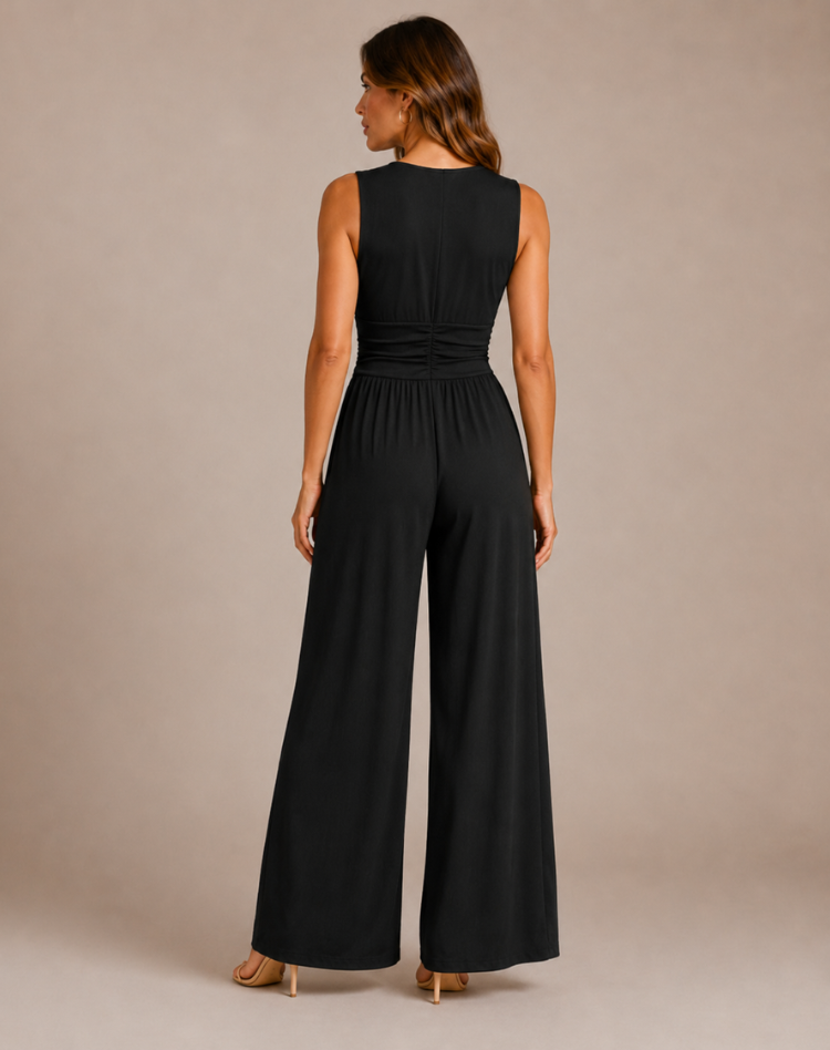 Women's Deep V-Neck Wide-Leg Jumpsuit – Fitted Waist Elegant Jumpsuit for Dinners & Parties