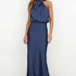 Women's Satin Halter Midi Dress – Sleeveless Wedding Guest & Cocktail Dress for Summer Events