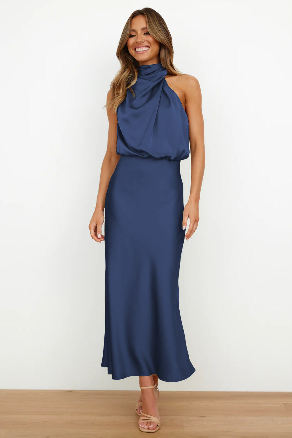 Women's Satin Halter Midi Dress – Sleeveless Wedding Guest & Cocktail Dress for Summer Events