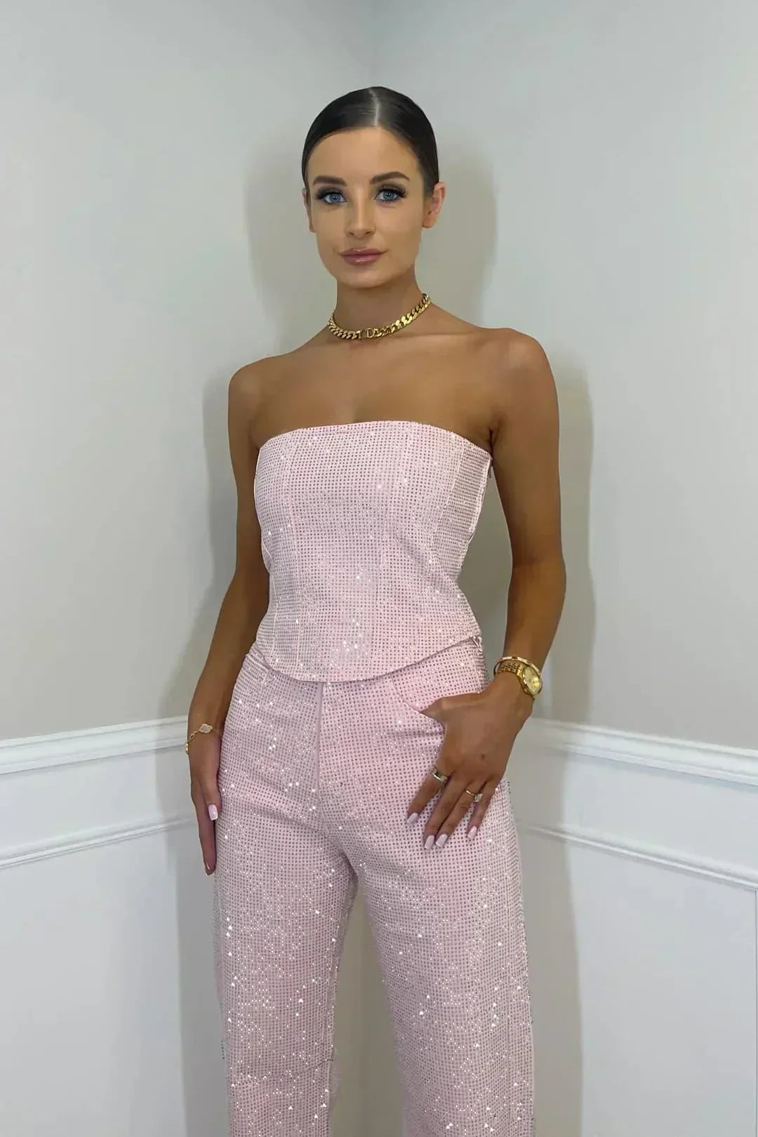 Women's Sequin Strapless Crop Top & High-Waist Jeans Set – Two-Piece Party Outfit for Nights Out