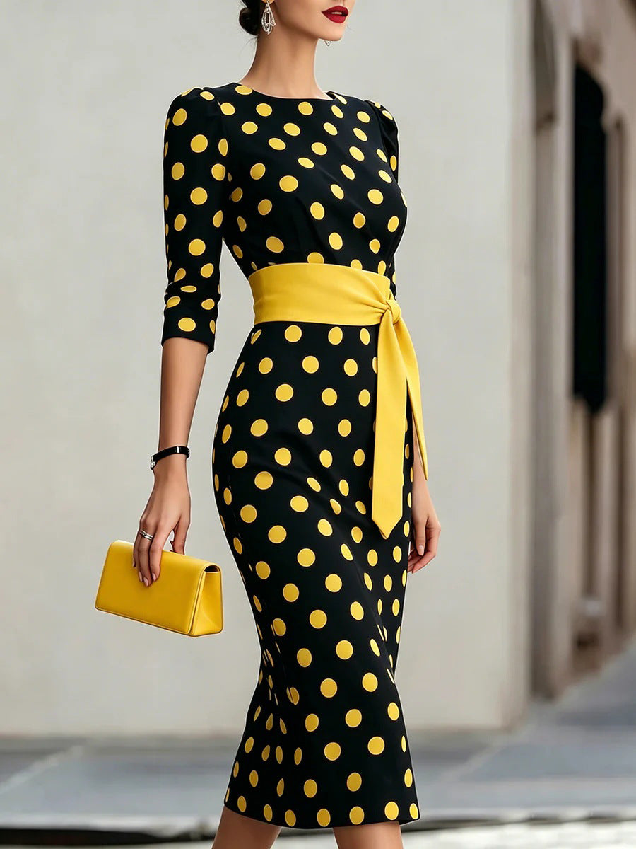Women's Polka Dot Midi Dress – Elegant Day Dress for Brunch, Garden Parties & Race Days