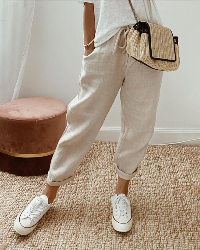Women's Breathable Drawstring Pants with Slant Pockets – Tapered Leg Comfort Everyday Pants