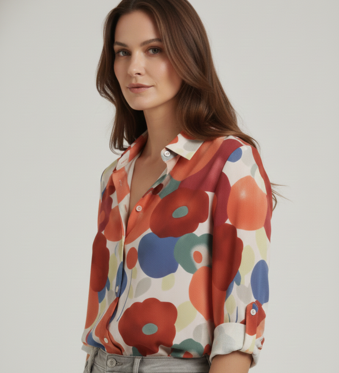 Women's Floral Print Button-Up Blouse – Long Sleeve Relaxed Shirt with Roll-Tab Sleeves
