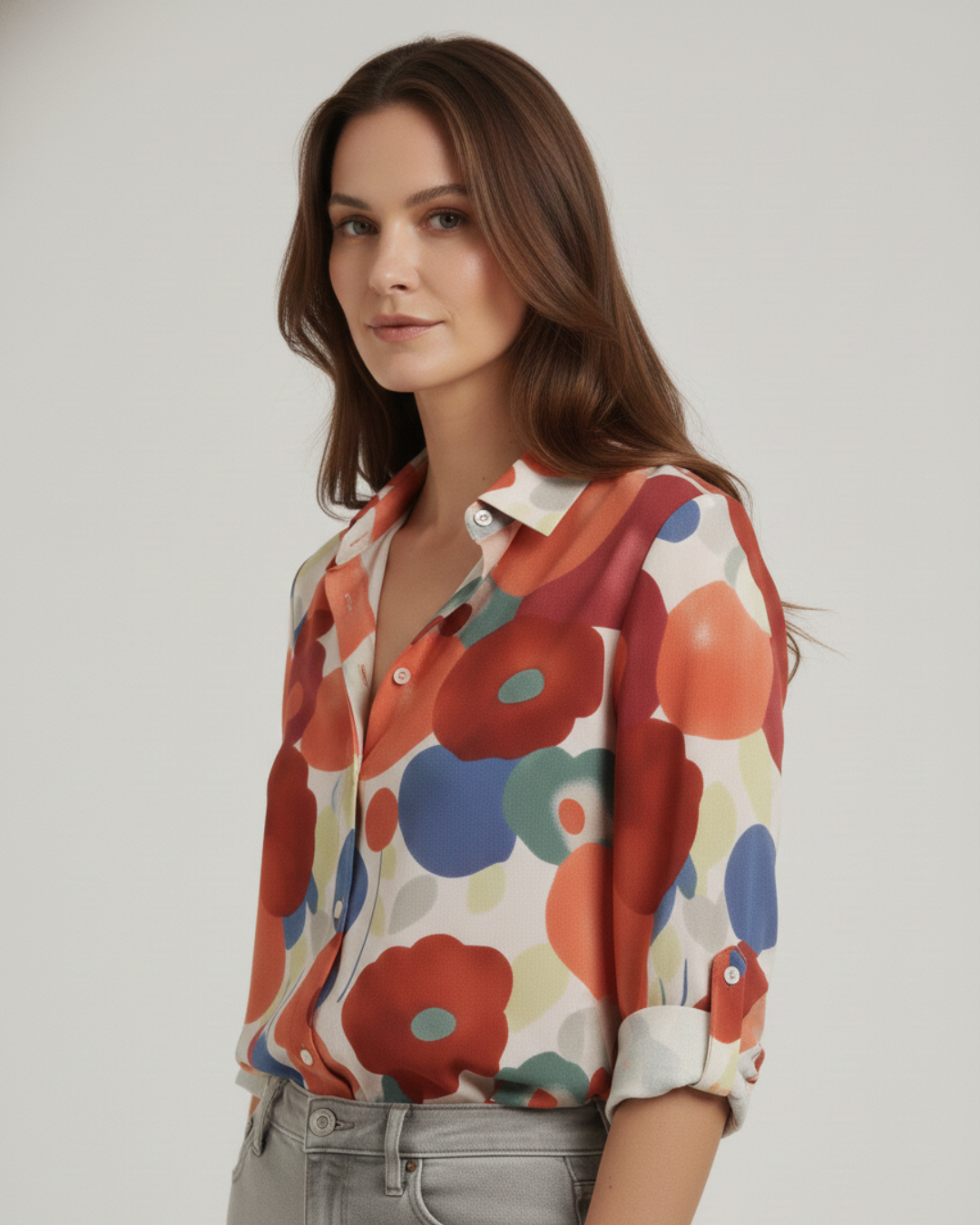 Women's Floral Print Button-Up Blouse – Long Sleeve Relaxed Shirt with Roll-Tab Sleeves