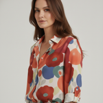 Women's Floral Print Button-Up Blouse – Long Sleeve Relaxed Shirt with Roll-Tab Sleeves
