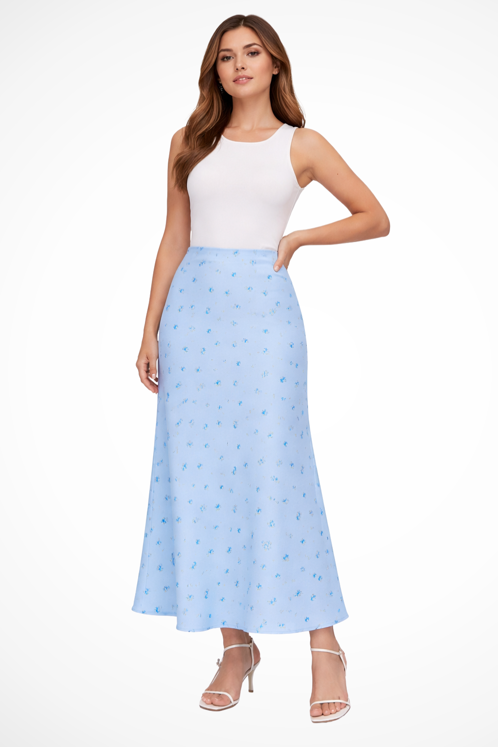 Women's Floral Satin Bias-Cut Maxi Skirt – Flowing Summer Skirt for Weddings & Garden Parties