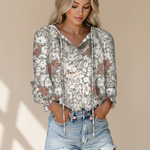 Women's Floral Print V Neck Blouse with Long Sleeves – Lightweight Everyday Top