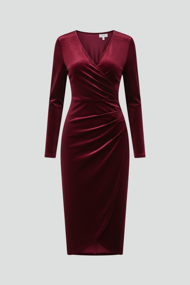 Women's V-Neck Long Sleeve Midi Dress with Wrap Skirt – Elegant Day to Evening Dress