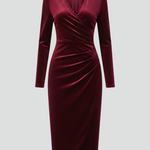 Women's V-Neck Long Sleeve Midi Dress with Wrap Skirt – Elegant Day to Evening Dress