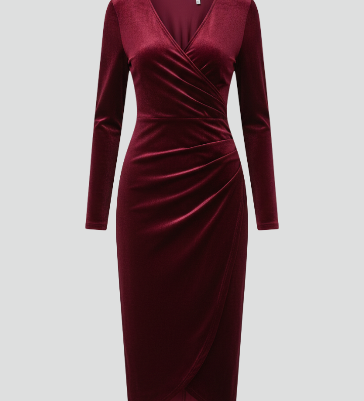 Women's V-Neck Long Sleeve Midi Dress with Wrap Skirt – Elegant Day to Evening Dress